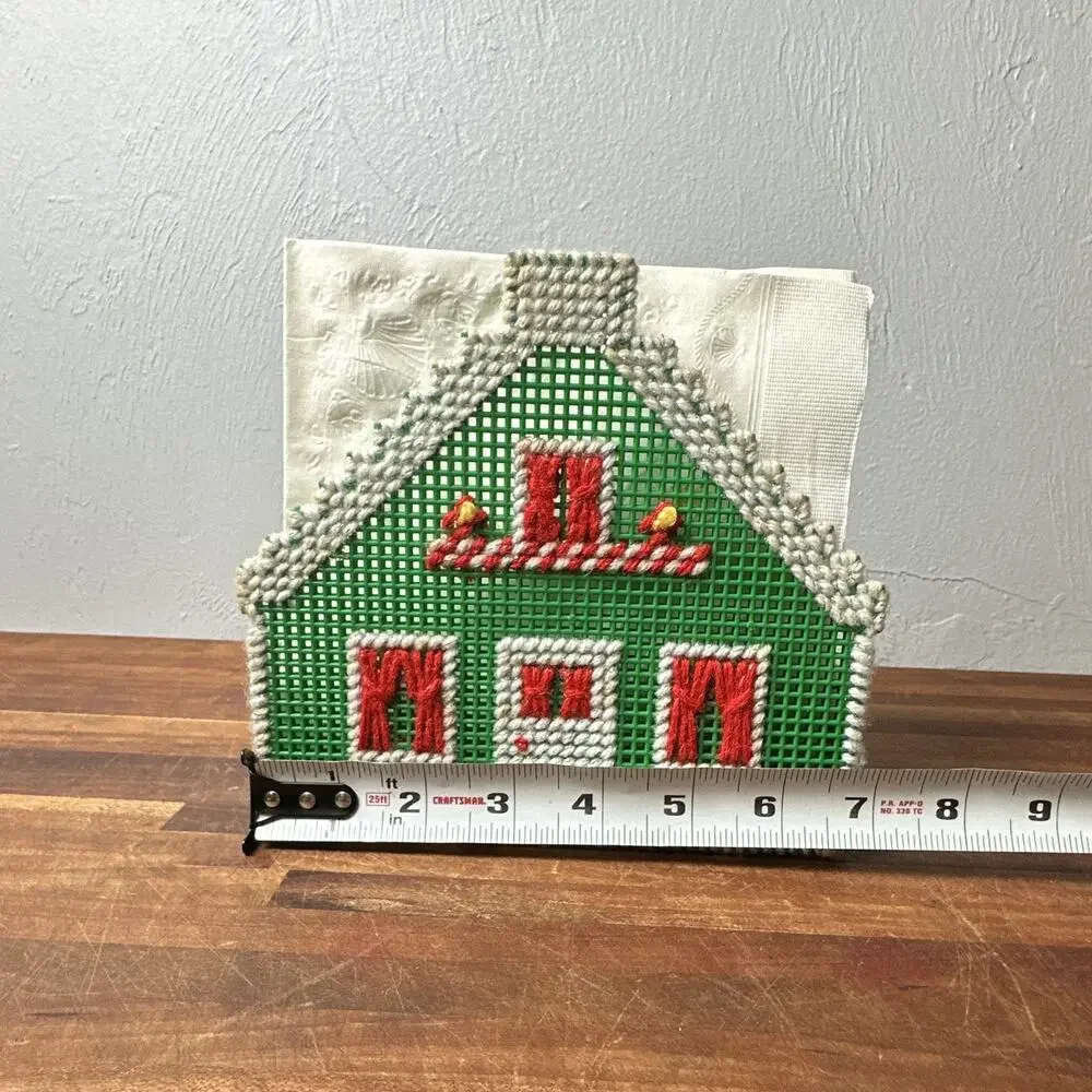 Christmas Napkin Holder, Handmade Needlepoint & Plastic,Green Red & White